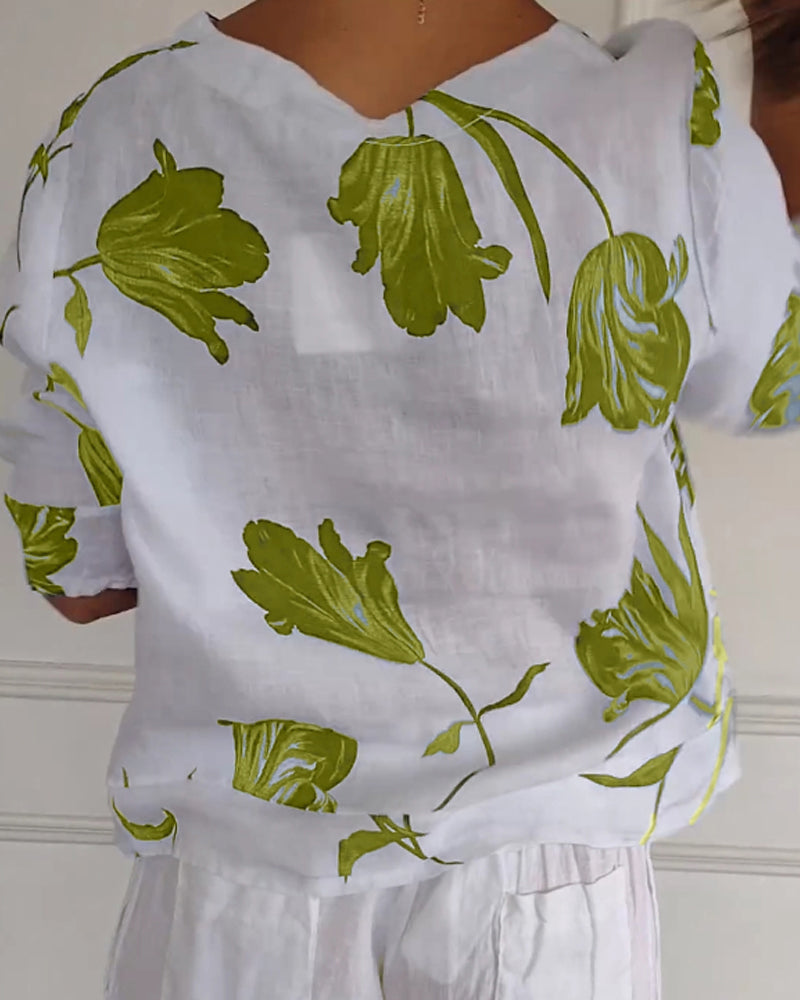 Top van katoen en linnen met bloemenprint