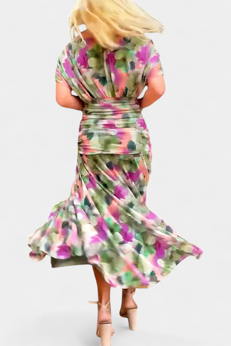 Laluna® | Lange jurk met bloemenprint en V-halslijn