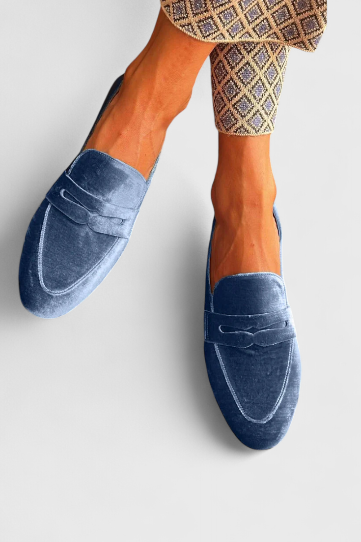 Blauw Fluwelen Loafers met Patchwork Details