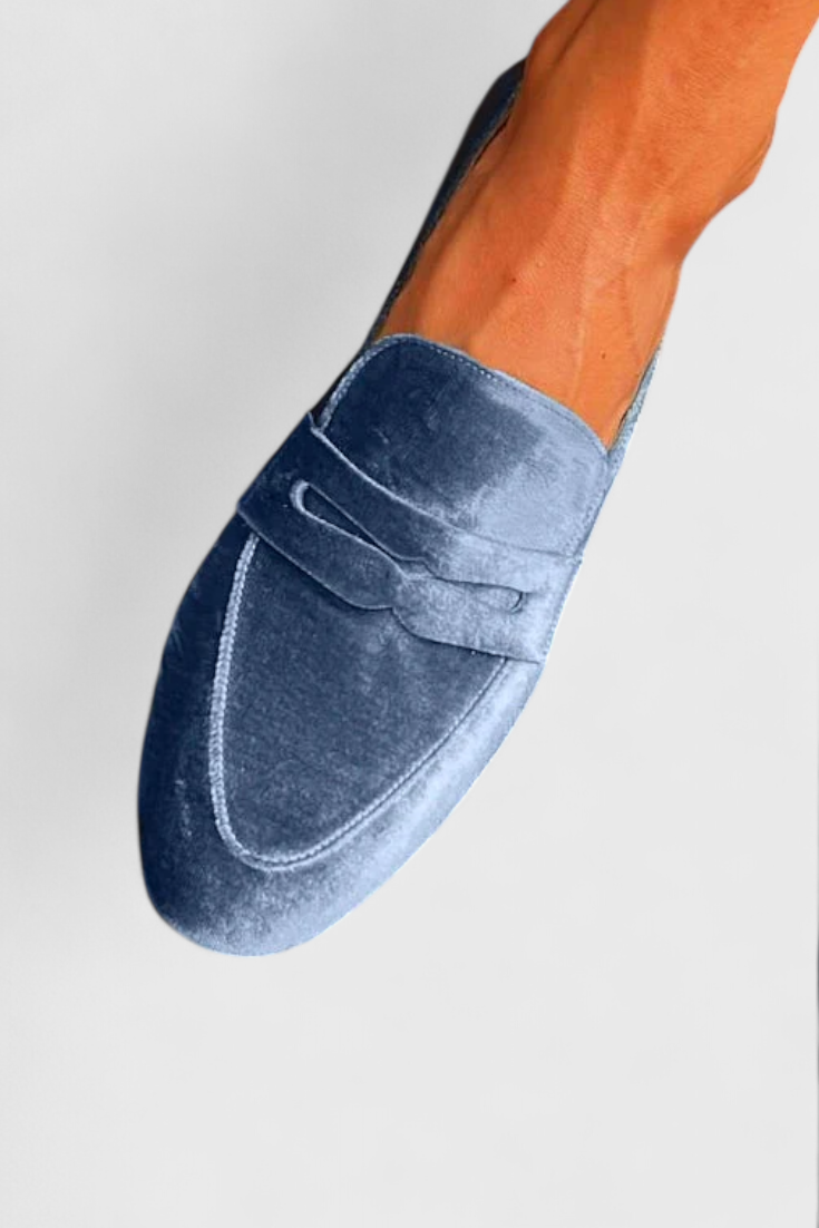 Blauw Fluwelen Loafers met Patchwork Details